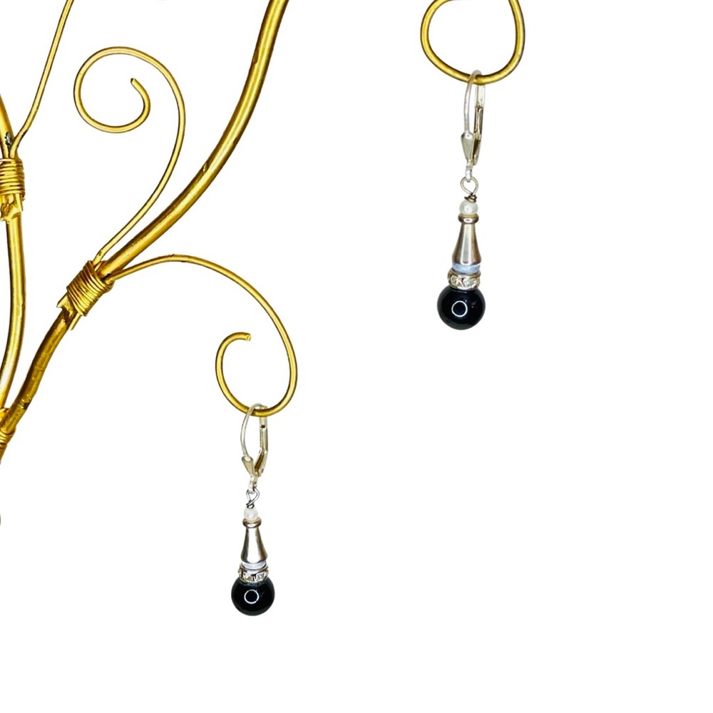 Onyx Glass Crystal Ball and Swarovski Crystal Dangling Earrings